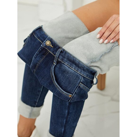 Women's Fleece Lined Thermal Skinny Jeans Denim Pants for Winter Outfits - Picture 2 of 6